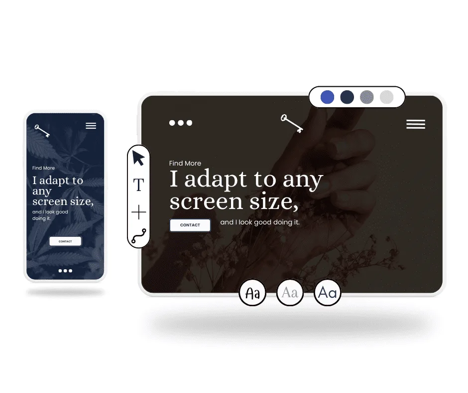 Responsive web design mockup showing mobile and desktop layouts with adaptive typography tools.